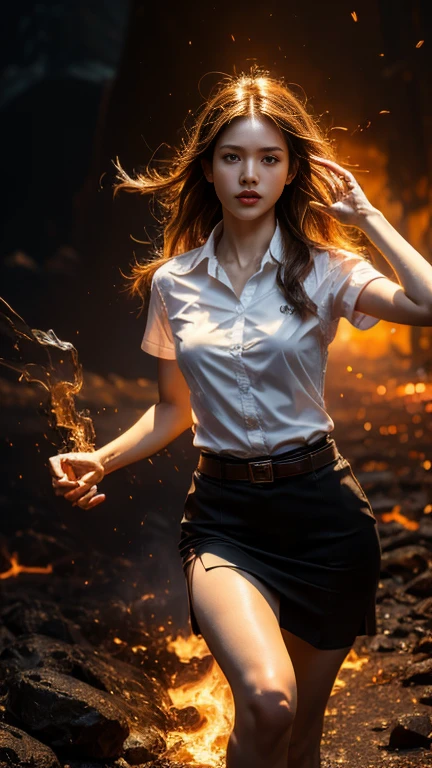 (fire element:1.1), knee shot, It consists of fire element,fire,transparency,burning,(molten rock),Frame print,burning hair,smoke,cloud,chopped, girl engulfed in flames, Flames fly and sparks scatter,mano burning,translucent luminescence, 18s woman in thai university uniform, long straight fire hair, white shirt, black tight mini skirt, brown belt, masterpiece:1.2, high detail, realistic, cinematic scene, fire goddess, slim and perfect figure, 16k, close up, portrait photo, dynamic powerful sexy pose