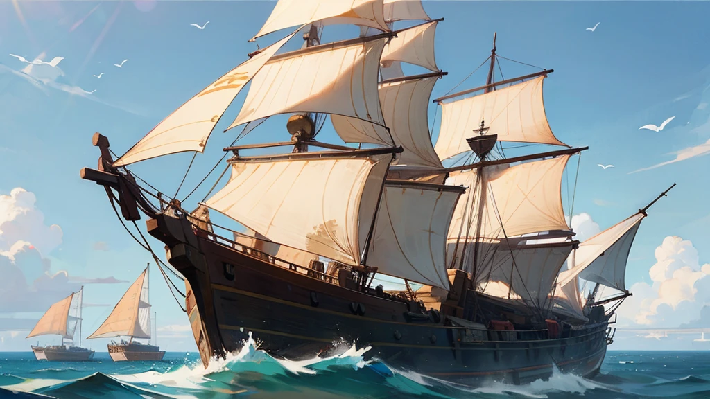 old ship, Medieval ship, Galeon, Sailing ship, open sea, clear sky, painting, one ship,