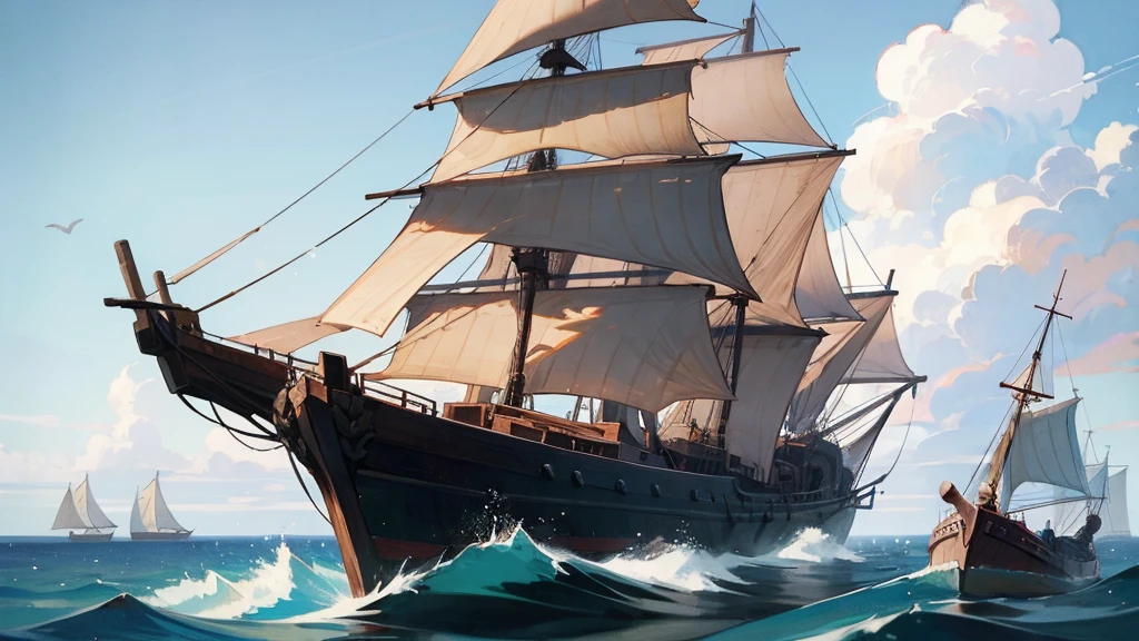old ship, Medieval ship, Galeon, Sailing ship, open sea, clear sky, painting, one ship,