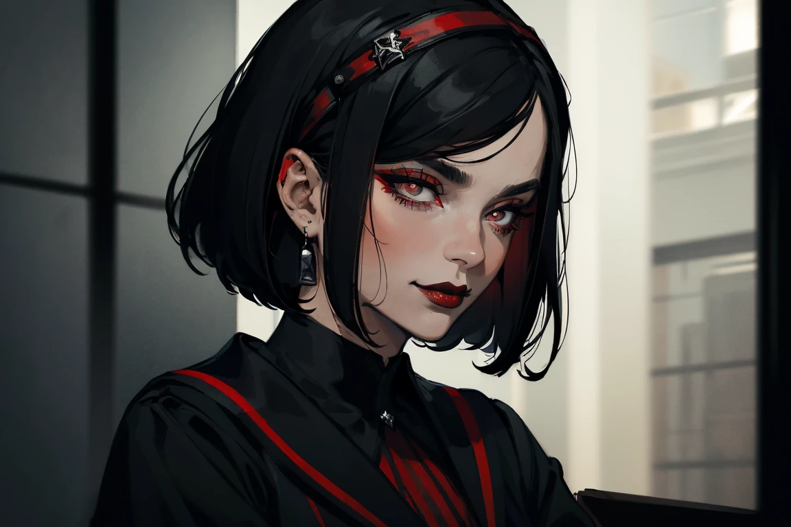 (masterpiece, best quality, Full HD), extreme close up, tilted angle, side view, woman portrait, gothic, bob cut black hair, black bands with red stripes, gothic make up, black lipstick, black eyelashes, doctor white coat, bokeh, blur, smirk