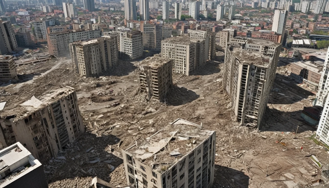 Twisted cityscape, Surrealist, Fiction, large modern city with several tall buildings. The whole city seems to be twisted and ravaged. The ground is distorted and forms several zones between several blocks of buildings. Several tall buildings are ripped open. Some zones are raised in height others are lowered. The majority of buildings are destroyed and in ruins, the streets are partly destroyed and some areas are flooded. Crevices and chasms formed between several buildings creating fragments of land. There are several holes in the roads like in the buildings. The place seems deserted. Several large pieces of land with several tall buildings on it are over-raised. Several large pieces with several tall buildings on them are driven into the ground. [Ruins] [Modern City] [Urban Landscape] [Destruction] [High Building] [Abandoned] [Overview] [Crevasses] [Chasm] [Fragments of Overgrown Land] [Fragments of Land Descended] [Apocalyptic] [ High Modern Building Destroyed] [Twisted Landscape] [Fiction] [Lowers lands and Uppers lands] [Areas driven into the ground] [Areas raised above the ground] [ Several areas with high buildings sunk into the ground] [Several areas with large buildings raised above the ground] [Several tall buildings are ripped open] [Several large pieces of land with several tall buildings on it are over-raised] [Several large pieces with several tall buildings on them are driven into the ground]