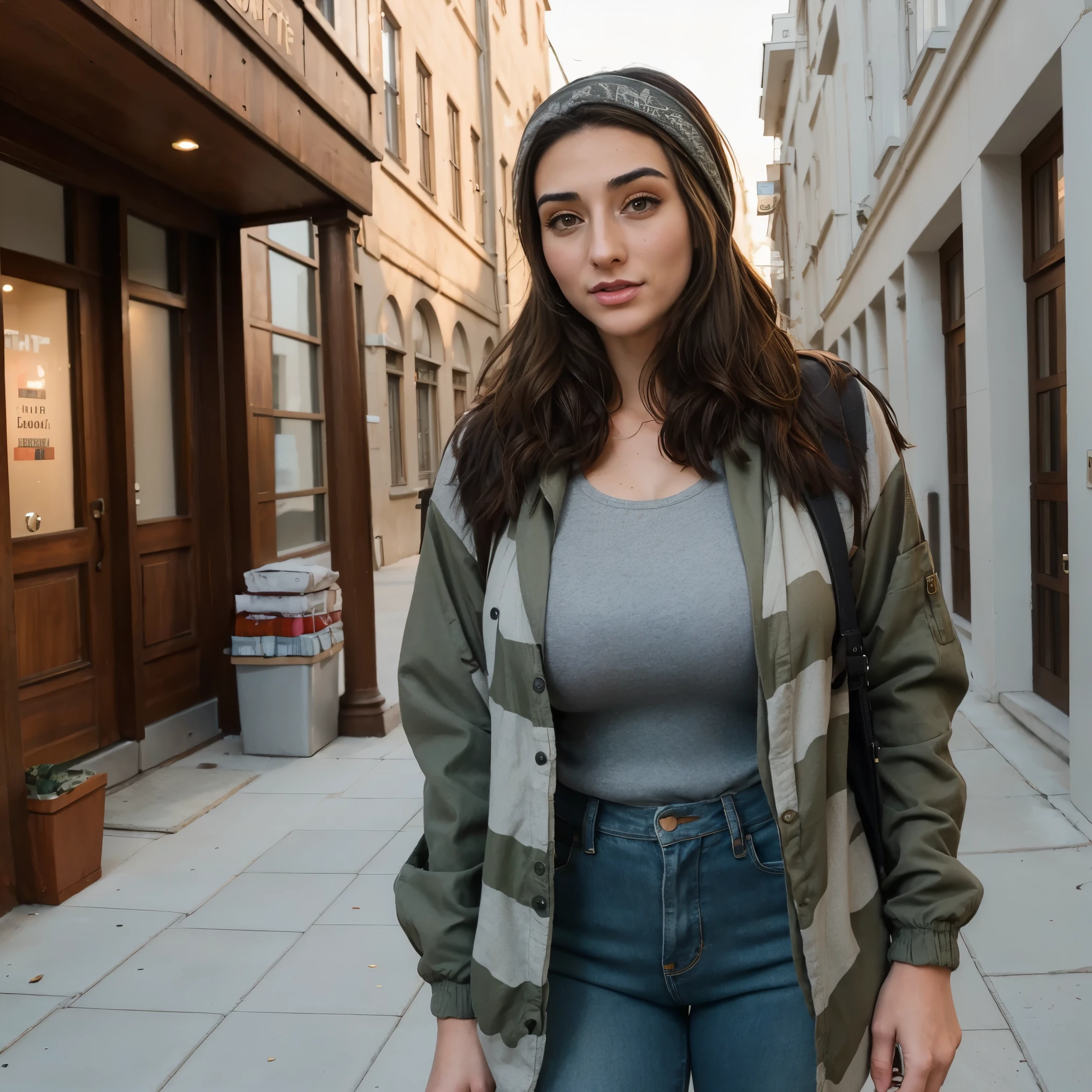 Extremely busty thin and toned brunette photographer, college girl, fair skin, loose side sweep, soft face, athletic, bandana babushka headwrap, tight olive green casual windbreaker, skinny jeans. standing in front of her apartment building, outdoors, city, camera bag, cleavage 