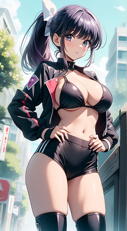 1 Girl,alone, Race Queen, Huge breasts, Cropped jacket, High leg bikini, Micro Shorts,Thigh Boots,, blush, Outdoor, road, Hands on hips, Purple Hair, Hair Clip, A slight frown, Parted lips,Heart Cutout, 1 Girl,, Crotch cutout, Crotchless, No underwear, Pussy,alone ,, Large Breasts, blush,Cleavage,ponytail、