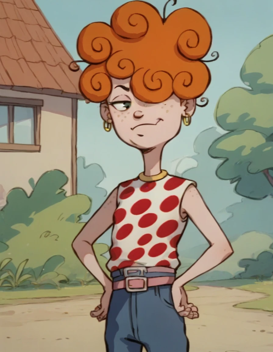 leekanker, hair hair over one eye, orange hair, 1girl, hoop earrings, polka dot clothing, solo, freckles, curly hair, belt, upper body,outdoors, score _9, score_8_up, score_7_up, score_6_up