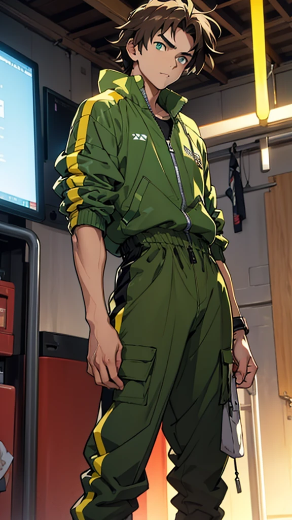16 year old boy, 1.60 cm tall, dark green eyes, long dark brown hair, slim and muscular ,wind breaker style
Anime
