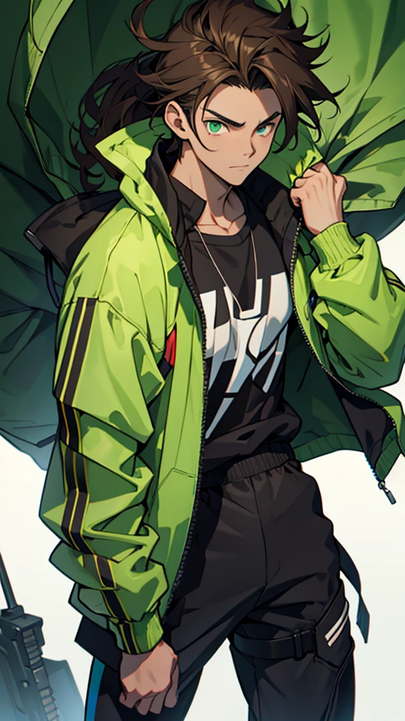 16 year old boy, 1.60 cm tall, dark green eyes, long dark brown hair, slim and muscular  ,wind breaker style
Anime