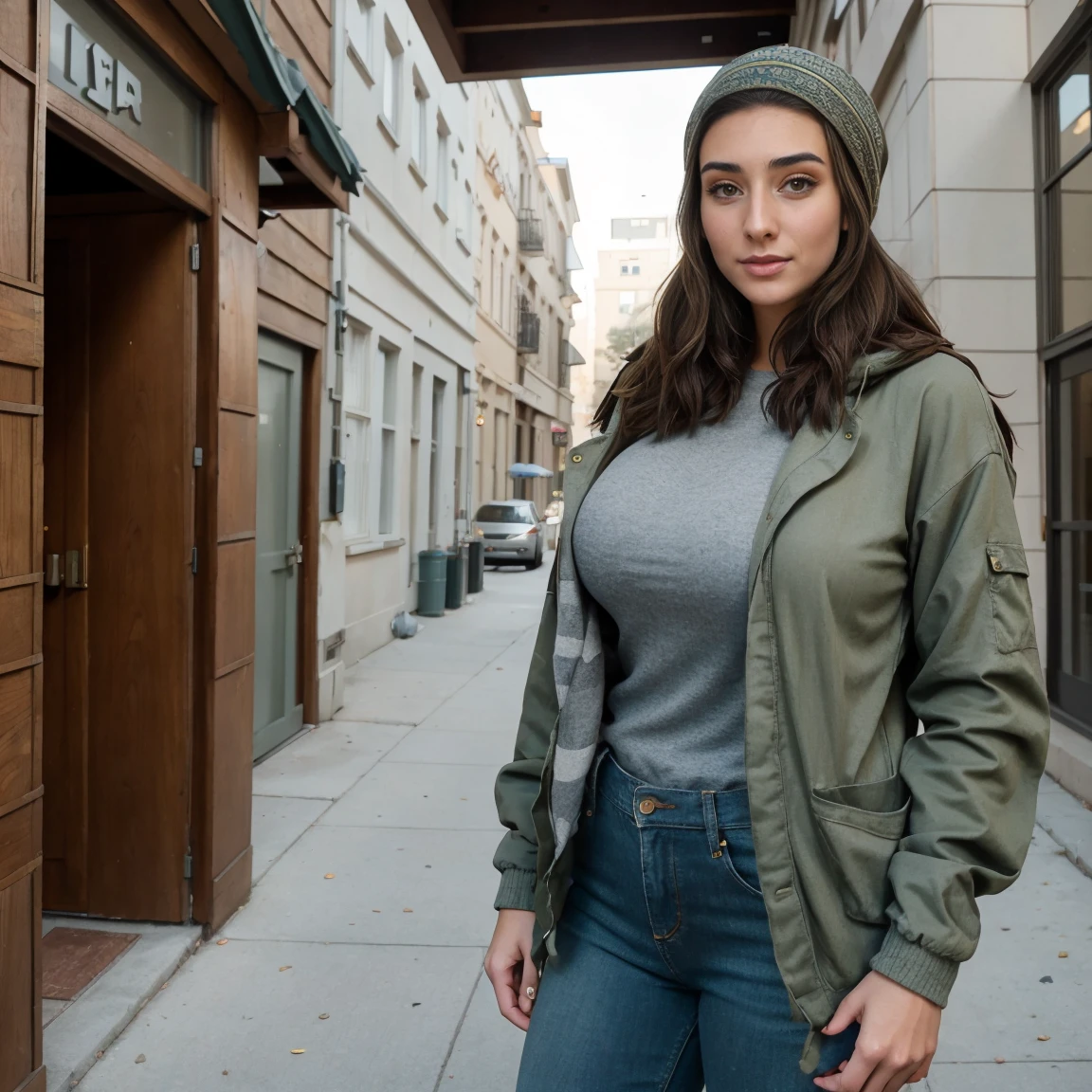 Extremely busty thin and toned brunette photographer, college girl, fair skin, loose side sweep, soft face, athletic, bandana babushka headwrap, tight olive green casual windbreaker, skinny jeans. standing in front of her apartment building, outdoors, city, camera bag, cleavage