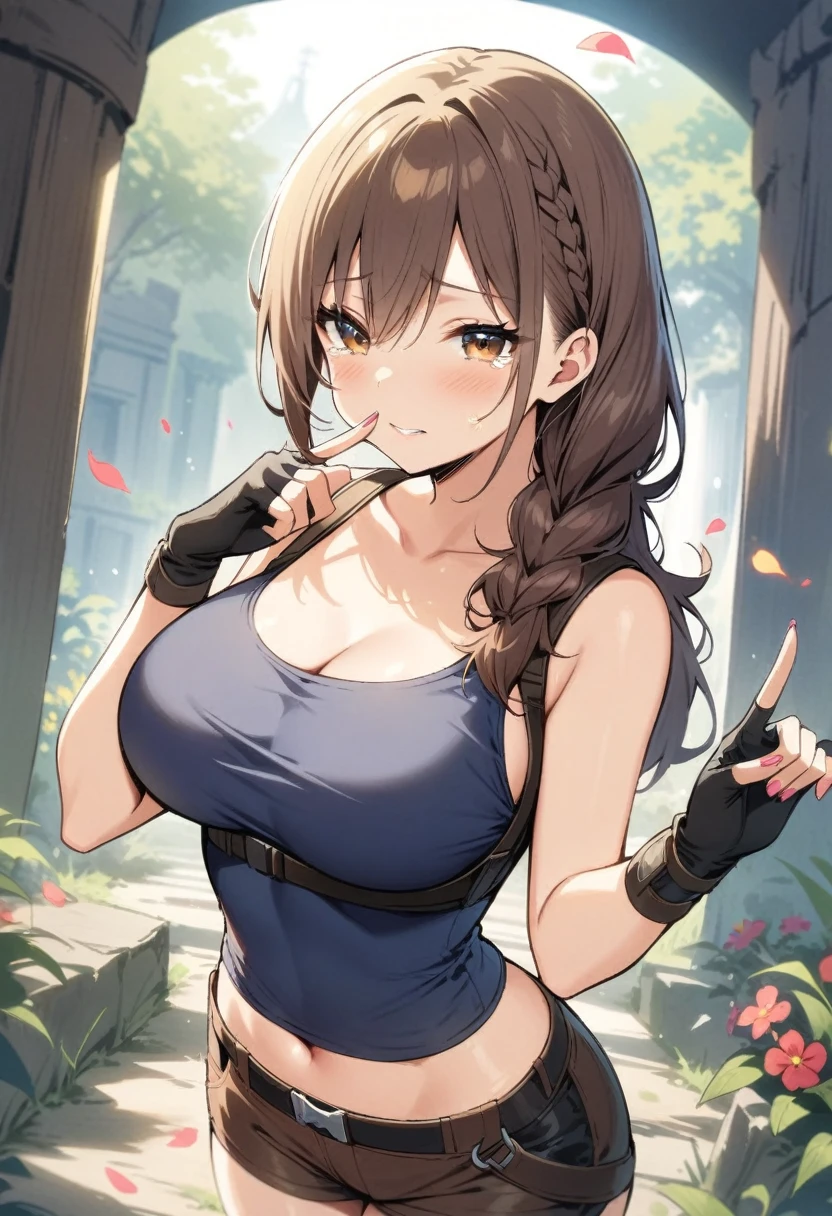 masterpiece, best quality, very aesthetic, absurdres,1girl, ,lara_croft(tomb_raider), 1girl, long_hair, braid, brown_hair, brown_eyes, blue_tank_top, taut_clothes, brown_shorts, leather_shorts, fingerless_glove, black_gloves,,shushing, silence gesture,finger_to_mouth,blush,tears in eyes,embarrassed,,surrounding by flowers,falling_petals, outdoors, petals,,floating_clothes