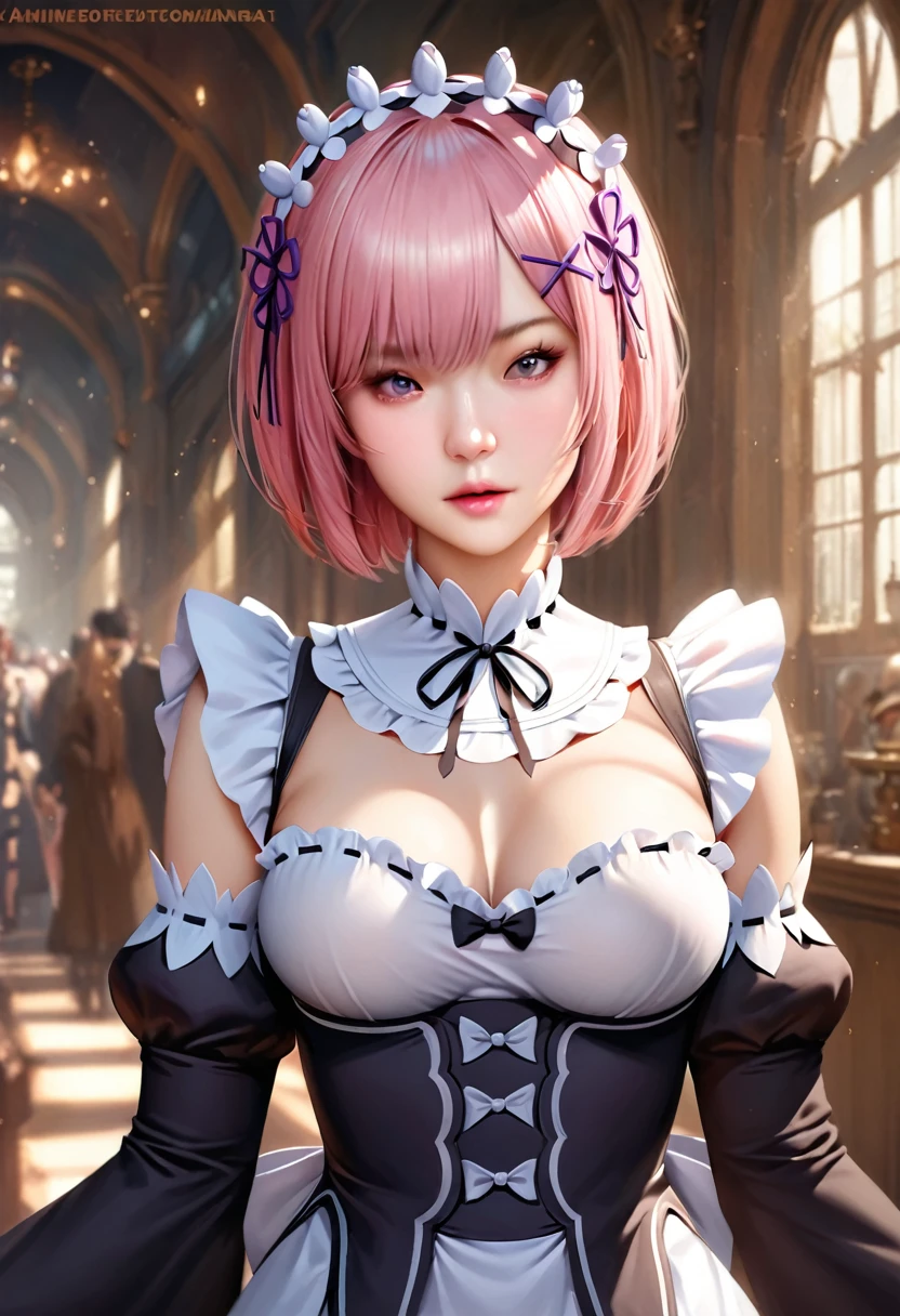 animetoreal,soft light, masterpiece, best quality,high quality,delicate face, realistic,photorealistic,1girl,,ram_(re:zero), re:zero_kara_hajimeru_isekai_seikatsu, 1girl, pink_hair, short_hair, hair_over_one_eye, x_hair_ornament, maid_headdress, breasts, maid_uniform, black_dress, black_ribbon, detached_collar, dress, frilled_sleeves, frills, purple_ribbon, ribbon, wide_sleeves,in heaven,floating_clothes