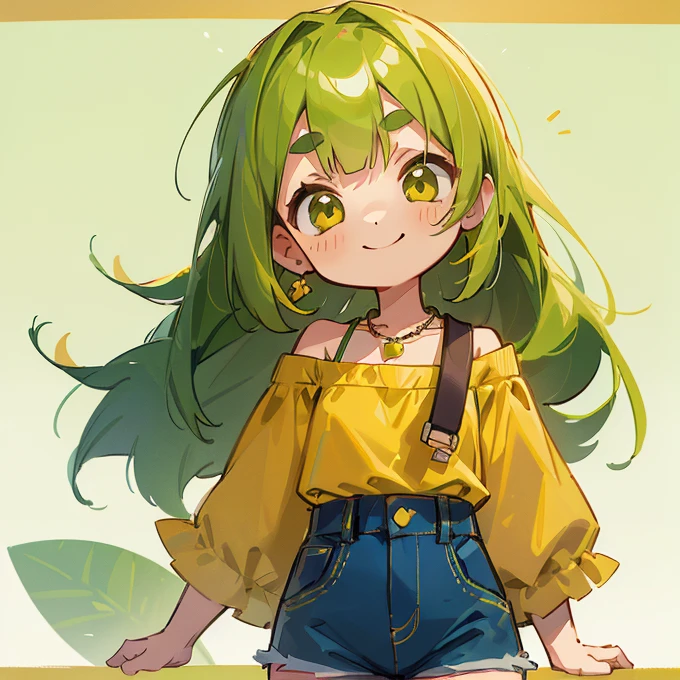 (masterpiece, Highest quality:1.2), (2 head body chibi character:1.1), Yellow-green hair, Long Hair, Yellow-green eyes, Yellow off-shoulder blouse, Denim shorts, Short bangs, Thick eyebrows, Edamame Necklace, A weak mood, smile, View your viewers, (white background photo studio:1.0)