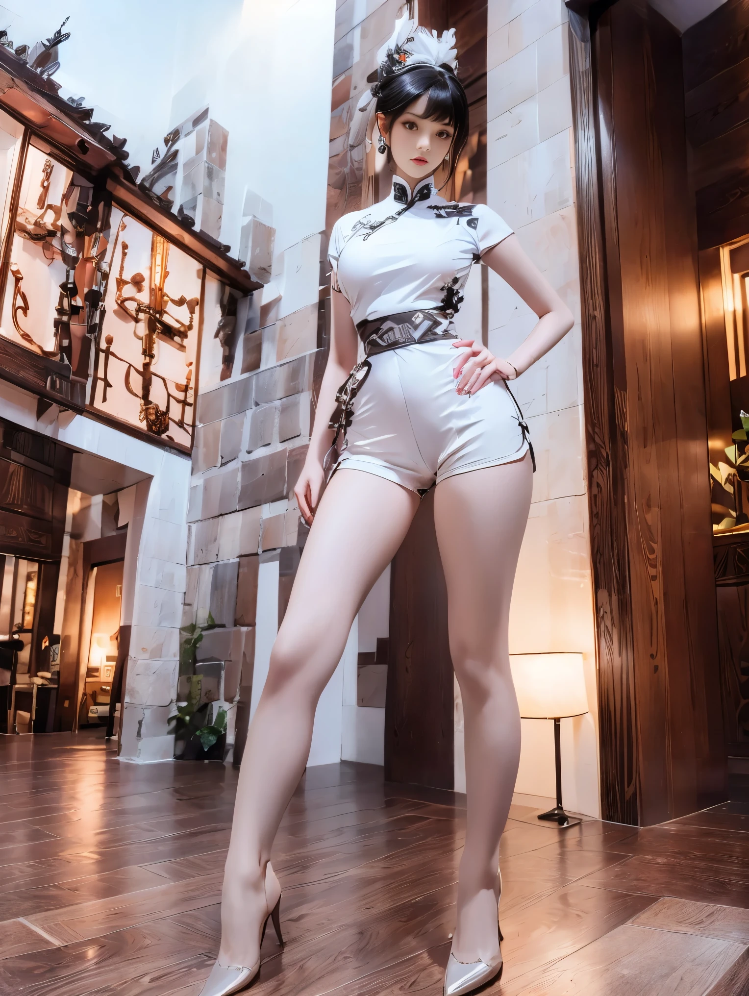 masterpiece,best quality,High resolution, 1 girl,from below,(The legs are very thin and straight),,(legs are very long,Straight Legs),,High heel,long legs,stand up, Leg length when viewed from the front, Perfect body,Have perfect legs,(External),Full body female,cyberpunk characters,dynamic poses,1 girl,exquisite eyes,Brown eyes,Eyeshadow,cosmetics,long white hair, Delicate face,1 stop,Year of the Dragon Poster,Chinese New Year Elements,Lifelike image quality,8K,超realism, Meticulous eyes, looking at the audience, blush\(cosmetics\), Plump lips, red lips,(long white hair:1.3), (stand up)mechanical static,Mechanical Summons,(Hair accessories:1.1),hat,((((real world scenario,very fine details,shorts)))),City,Luminous winding,Holding a long sword in hand,arms,cyberpunk lamp:1.1),neon light,Fully mechanical and futuristic elements,technology,背景是一条中国传统的street,China Town, street, sky sky, cyberpunk characters, Paper lanterns, neon light超分辨率,(realism:1.3),lim:1.2),dramatic lighting,Vivid details,Luxury Cyberpunk,complex background,Rendered by Octane