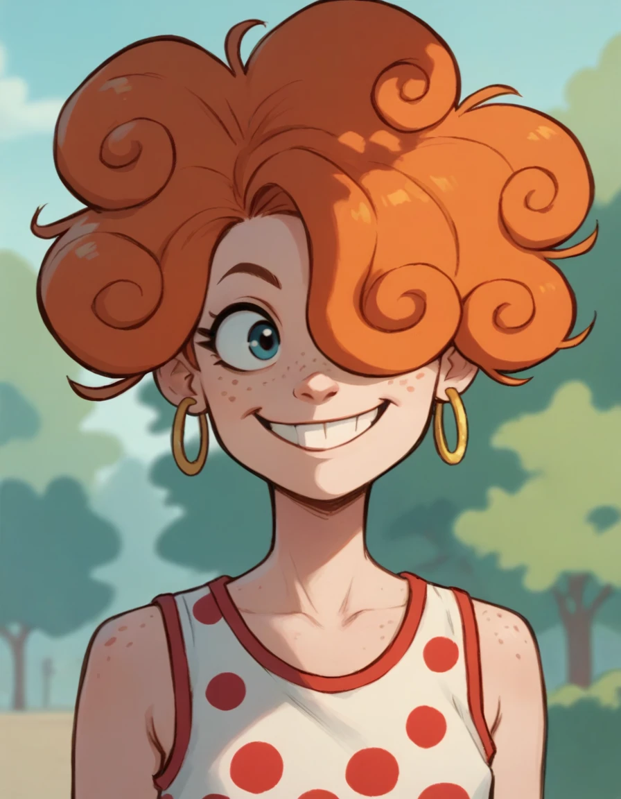 leekanker, hair hair over one eye, orange hair, 1girl, hoop earrings, polka dot clothing, solo,tank top,smile,   freckles, curly hair, upper body,outdoors, score_9, score_8_up, score_7_up, score_6_up