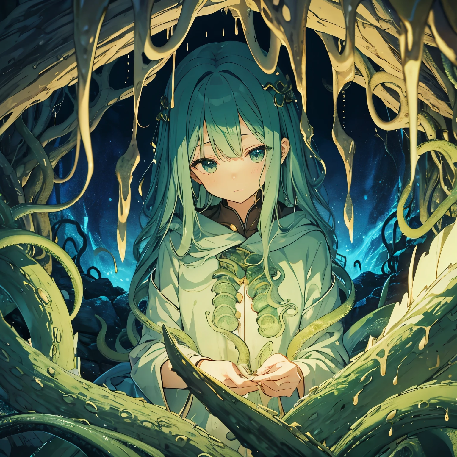 Tentacles、Tentaclesの魔物、Inside the cave、I'm damp、何本ものTentacles、Wavy、Feeling unwell、green、that'Slimy、At the mysterious lake、muddy lake、greenの湖、greenの水、Water Drop、constrained