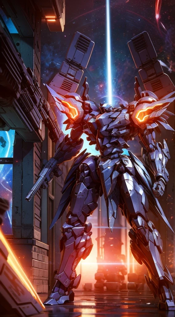 (Obra de arte, melhor qualidade:1.5).Mech branco e azul com detalhes dourados, médio, segurando uma sniper azul grande. Extremely detaild, 8K, HDR, naturallight, cinematic lighting, masterpiece-anatomy-perfect, Ultra HD, (Space Combat:1.5, Battlefield:1.5), RAW photo, metallic, professional, ultra-fine painting, perfect body proportions, anatomically correct, uhd, real texture material, Anti-Aliasing, FKAA, TXAA, SSAO, Post Processing, Post Production, Tone Mapping, CGI, VFX, SFX, Hyper maximalist, Volumetric, ultra photorealultra-detailed intricate details.