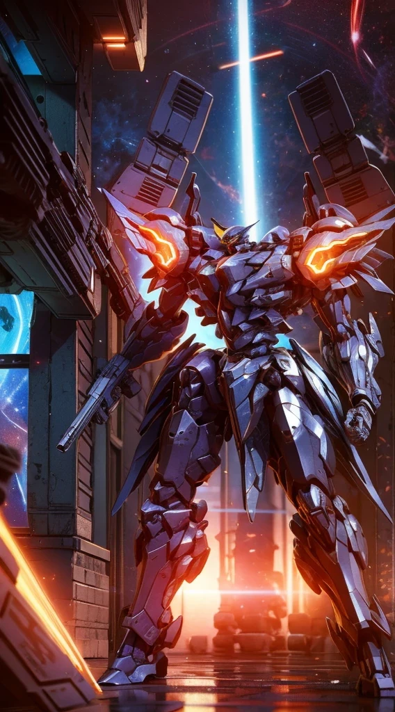 (Obra de arte, melhor qualidade:1.5).Mech branco e azul com detalhes dourados, médio, segurando uma sniper azul grande. Extremely detaild, 8K, HDR, naturallight, cinematic lighting, masterpiece-anatomy-perfect, Ultra HD, (Space Combat:1.5, Battlefield:1.5), RAW photo, metallic, professional, ultra-fine painting, perfect body proportions, anatomically correct, uhd, real texture material, Anti-Aliasing, FKAA, TXAA, SSAO, Post Processing, Post Production, Tone Mapping, CGI, VFX, SFX, Hyper maximalist, Volumetric, ultra photorealultra-detailed intricate details.