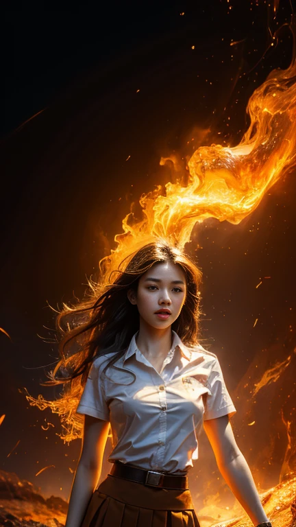 (fire element:1.1), knee shot, It consists of fire element,fire,transparency,burning,(molten rock),Frame print,burning hair,smoke,cloud,chopped, girl engulfed in flames, Flames fly and sparks scatter,mano burning,translucent luminescence, 18s woman in thai university uniform, long straight fire hair, white shirt, black tight mini skirt, brown belt, masterpiece:1.2, high detail, realistic, cinematic scene, fire goddess, slim and perfect figure, 16k, close up, portrait photo, dynamic powerful sexy pose