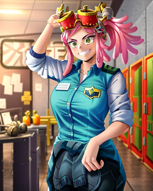 ((best quality)), ((highly detailed)), masterpiece, detailed face, beautiful face, (detailed eyes, deep eyes), (1girl), cowboy shot, hatsume mei(MHA), pink hair, yellow eyes, symbol-shaped pupils, crosshair pupils, grin, (muscular female), large breasts, my_hero_academia_gym_uniform, blue uniform, pants, inside, in a locker room