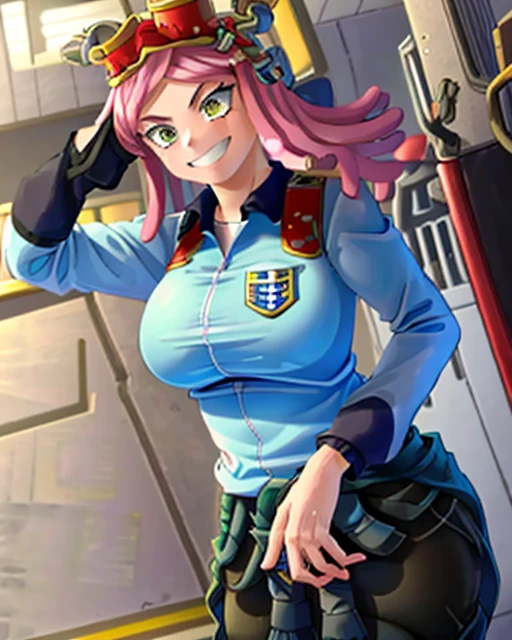 ((best quality)), ((highly detailed)), masterpiece, detailed face, beautiful face, (detailed eyes, deep eyes), (1girl), cowboy shot, hatsume mei(MHA), pink hair, yellow eyes, symbol-shaped pupils, crosshair pupils, grin, (muscular female), large breasts, my_hero_academia_gym_uniform, blue uniform, pants, inside, in a locker room