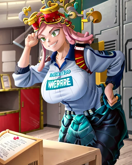 ((best quality)), ((highly detailed)), masterpiece, detailed face, beautiful face, (detailed eyes, deep eyes), (1girl), cowboy shot, hatsume mei(MHA), pink hair, yellow eyes, symbol-shaped pupils, crosshair pupils, grin, (muscular female), large breasts, my_hero_academia_gym_uniform, blue uniform, pants, inside, in a locker room