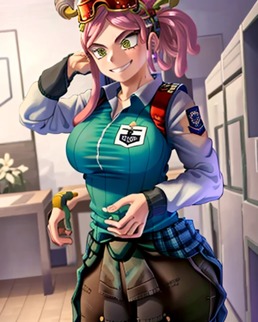 ((best quality)), ((highly detailed)), masterpiece, detailed face, beautiful face, (detailed eyes, deep eyes), (1girl), cowboy shot, hatsume mei(MHA), pink hair, yellow eyes, symbol-shaped pupils, crosshair pupils, grin, (muscular female), large breasts, my_hero_academia_gym_uniform, blue uniform, pants, inside, in a locker room