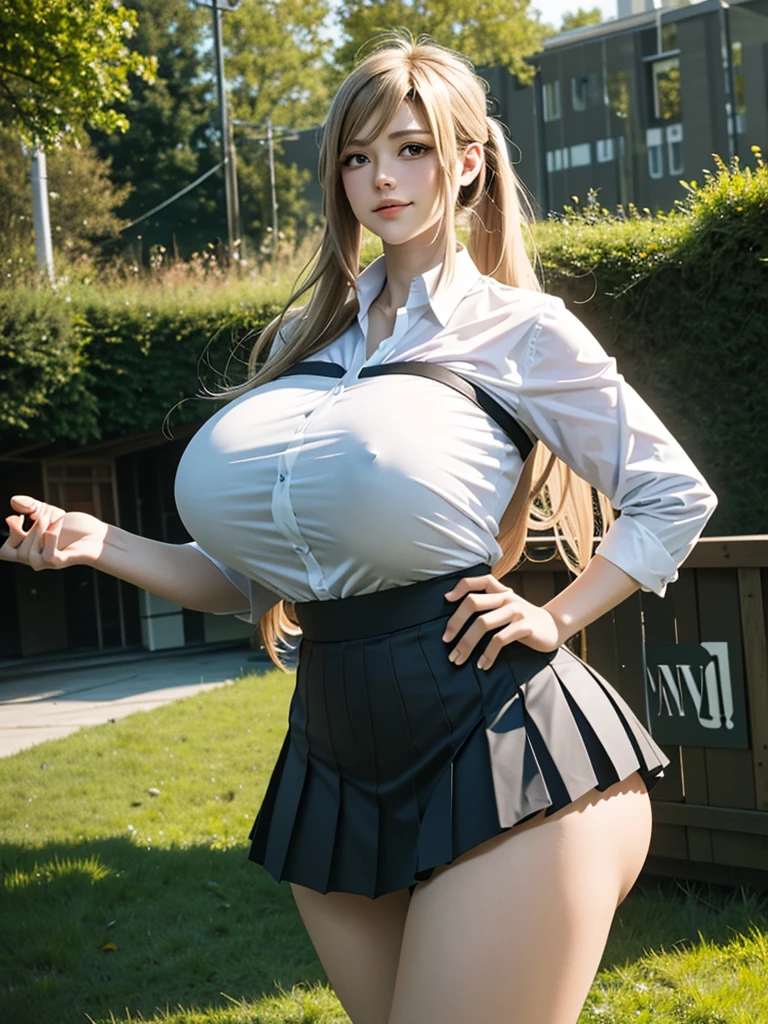 samus aran, collared shirt and pleated skirt, fluttering hair, long ponytail, long wavy hair, long curl hair, huge ???, thick thighs, ????????, long eyelashes, eyeshadow, blush, gentle smile, upper body from below, ???????????, river in meadow