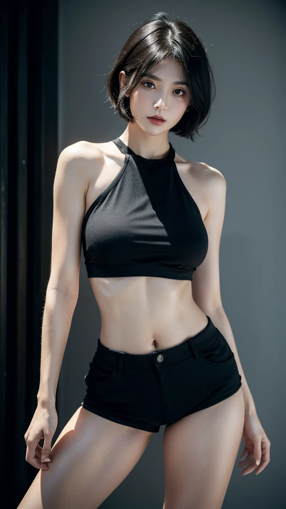 masterpiece,best quality, 1girl, solo, adult, black hair, short hair, black eyes, black crop top, shorts, large breasts, standing infront of viewer