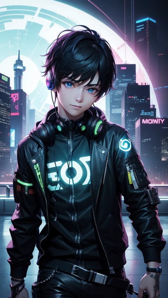 1boy, (extremely beautiful), solo, male focus, cyberpunk, neon lights, vibrant colors, headphones, Cyberpunk, neon, masterpiece, best quality, ultra-detailed, cyberpunk background, detail, in the starry night, moon, explosive and clear eyes, glowing eyes, beautiful details in the wind, little smile.