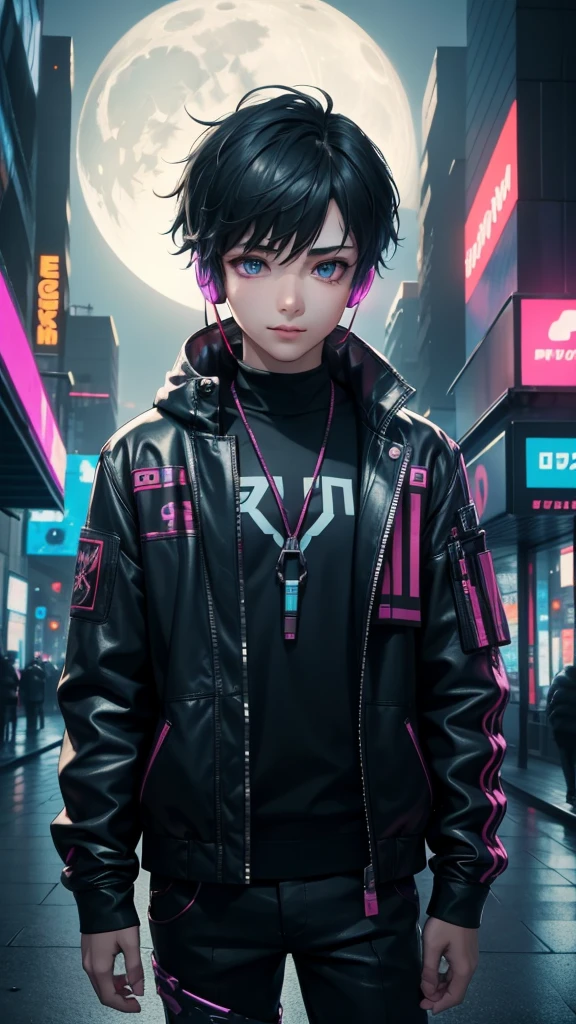 1boy, (extremely beautiful), solo, male focus, cyberpunk, neon lights, vibrant colors, headphones, Cyberpunk, neon, masterpiece, best quality, ultra-detailed, cyberpunk background, detail, in the starry night, moon, explosive and clear eyes, glowing eyes, beautiful details in the wind, little smile.