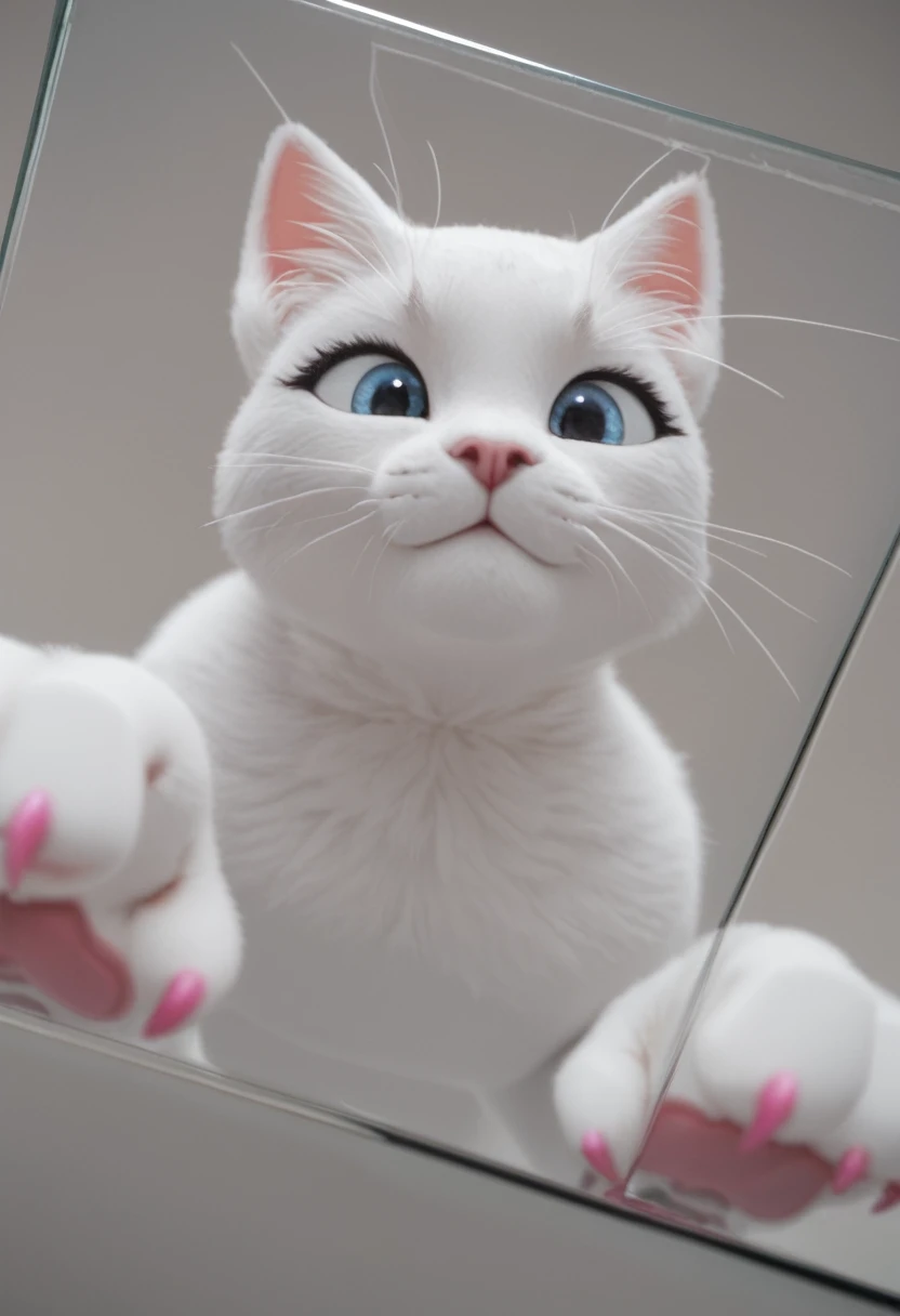 /I Through frosted glass, I saw a cute cat face with a hazy texture, with two pink claws protruding from below. Simple background and cartoon style. Featuring white and gray, adopting minimalist design. A close-up of only one claw with a blurry effect to increase depth --ar 9:16 --style raw --stylize 50