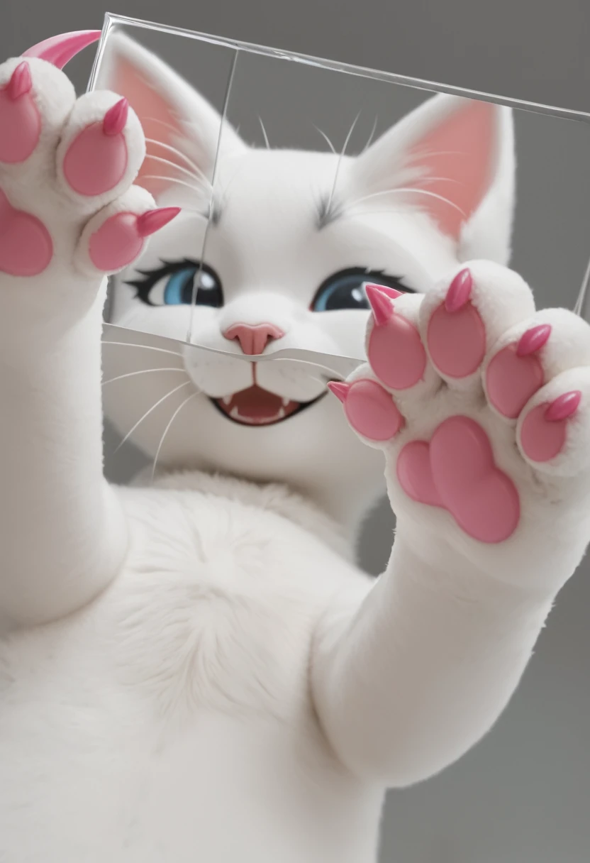 /I Through frosted glass, I saw a cute cat face with a hazy texture, with two pink claws protruding from below. Simple background and cartoon style. Featuring white and gray, adopting minimalist design. A close-up of only one claw with a blurry effect to increase depth --ar 9:16 --style raw --stylize 50
