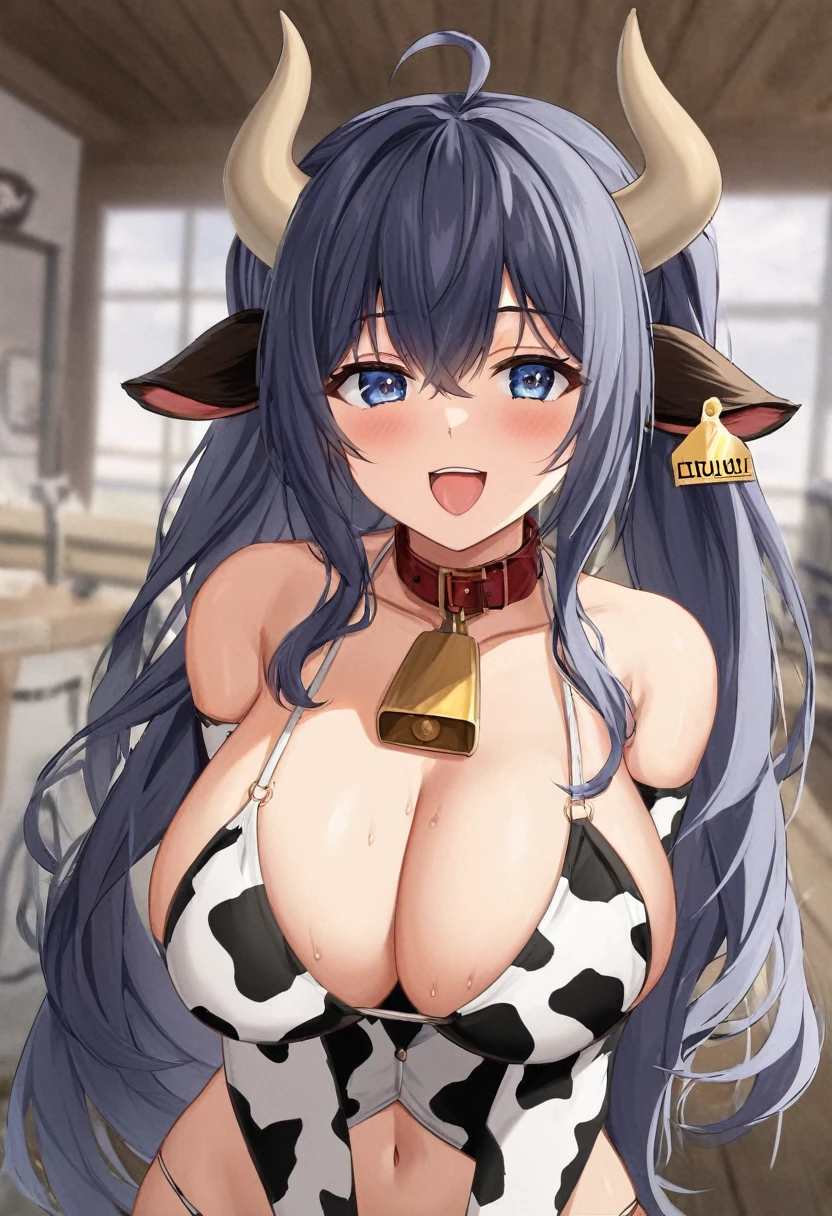 Cow horns grow、Ox handle、J-cup breasts in a sexy pose、She&#39;s crying、She sweats a lot、The background is the school changing room、She is doing M-shaped leg spread from behind.、Man meat is protruding、
