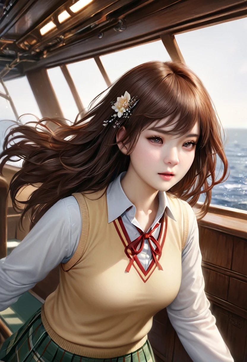 animetoreal,soft light, masterpiece, best quality,high quality,delicate face, realistic,photorealistic,1girl,,Mikan Yuuki, brown eyes, brown hair, hair ornament,long hair,green plaid skirt, sainan high school uniform, school uniform, white shirt, yellow sweater vest,on a ship,floating_hair