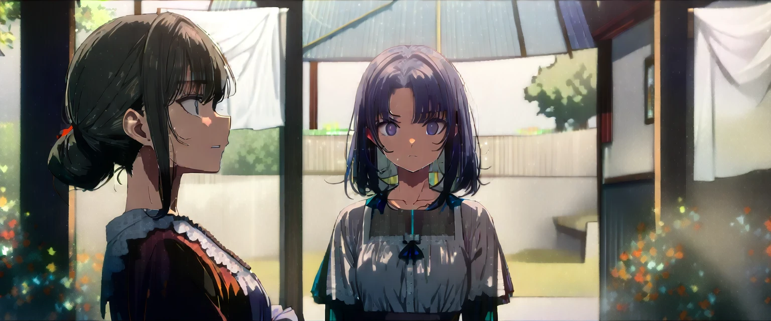 (((masterpiece,Highest quality))),(((An anime woman with black hair in twin tails, wearing ta fashion and dark circles under her eyes, with a sick look on her face,A blonde anime guy with a bad look and rock-style fashion))),((Two people facing each other in a Western-style living room)),Focus on people,(high quality),アニメ