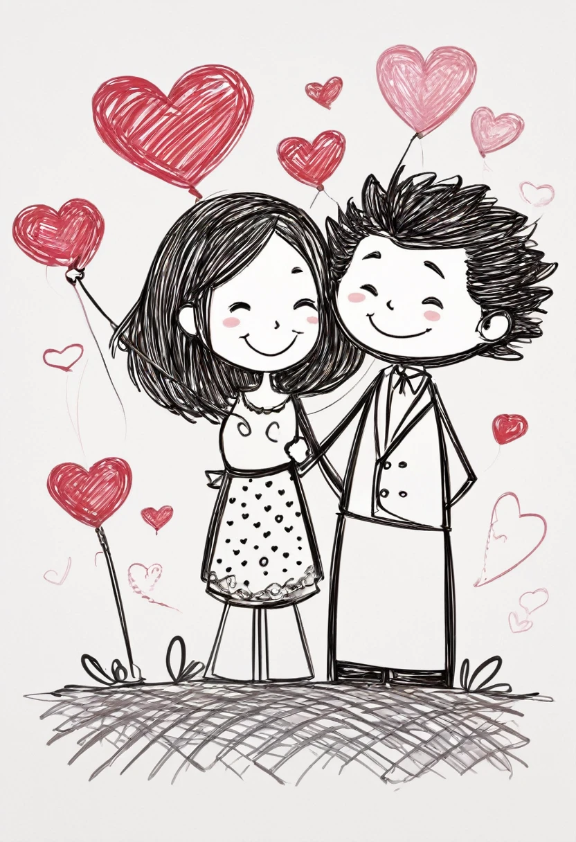 /I hand drawing cartoon style 2d stick figure of a loving couple [ACTION], hearts, very detailed, high quality
