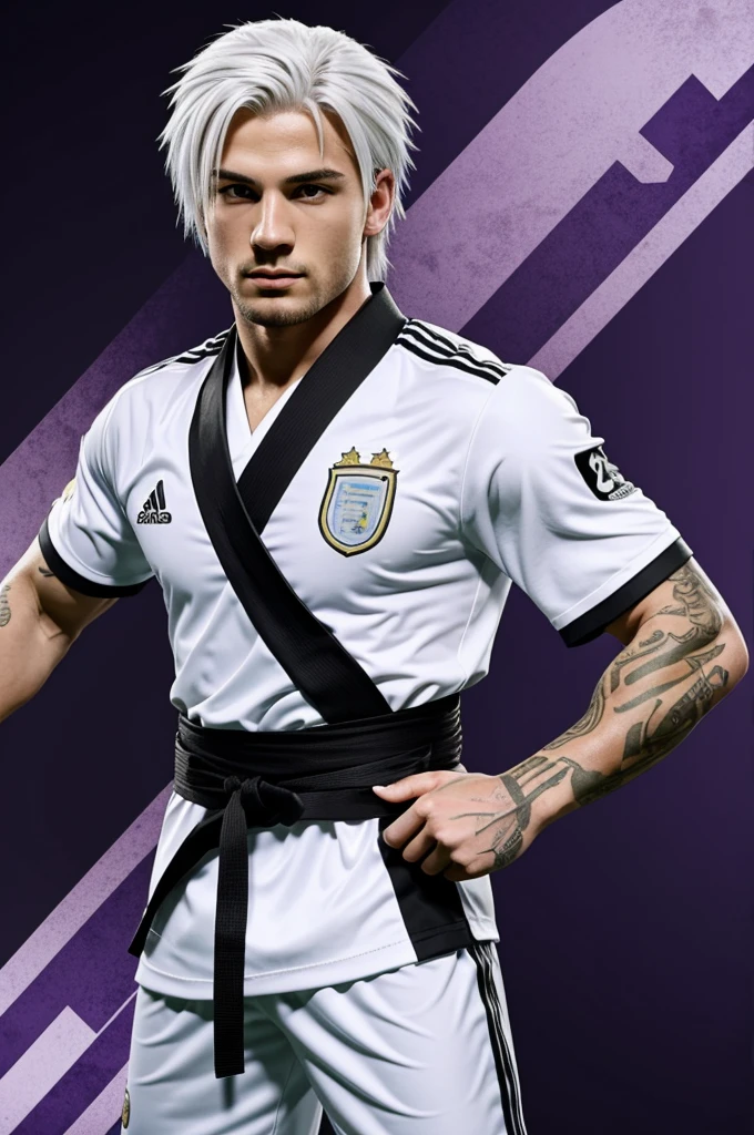 Animation White-haired player with a black ninja belt, white skin color with tattoos, purple background with the Argentina shirt, name Enzo, number 10, make the image animated