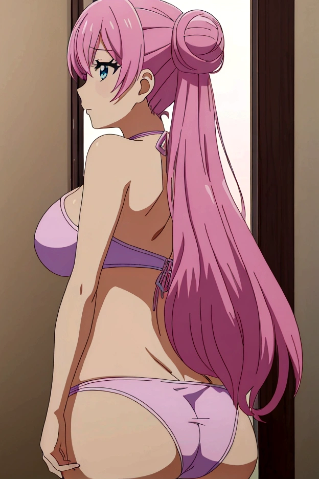 masterpiece, best quality, highres, high quality, 1girl, akari watanabe, blue eyes,long hair, pink hair,twintail,double bun, huge , sexy, cvage, e, sexy, light pink bni, no clothes, behind, ass, from behind