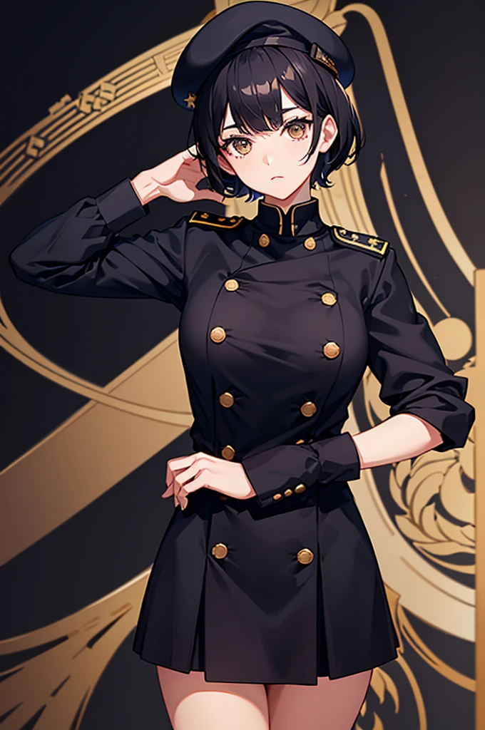 1woman, short black hair, gold eyes, navy academy uniform, beret, standing on ground, high res, ultra sharp, 8K, masterpiece