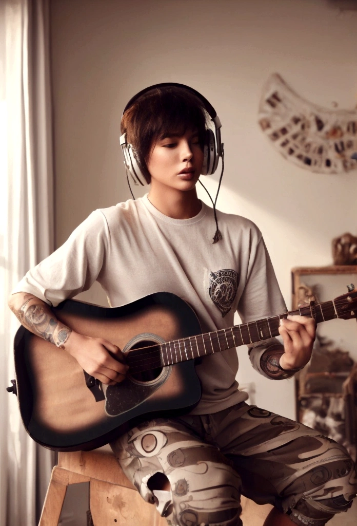 A young woman is playing an acoustic guitar in a room that looks unkempt and messy, he wears big headphones in his ears, has short hair, ((big body, stocky, muscular)), and has tattoos on his arms.
