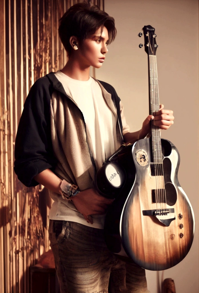 A young woman is playing an acoustic guitar in a room that looks unkempt and messy, he wears big headphones in his ears, has short hair, ((big body, stocky, muscular)), and has tattoos on his arms.
