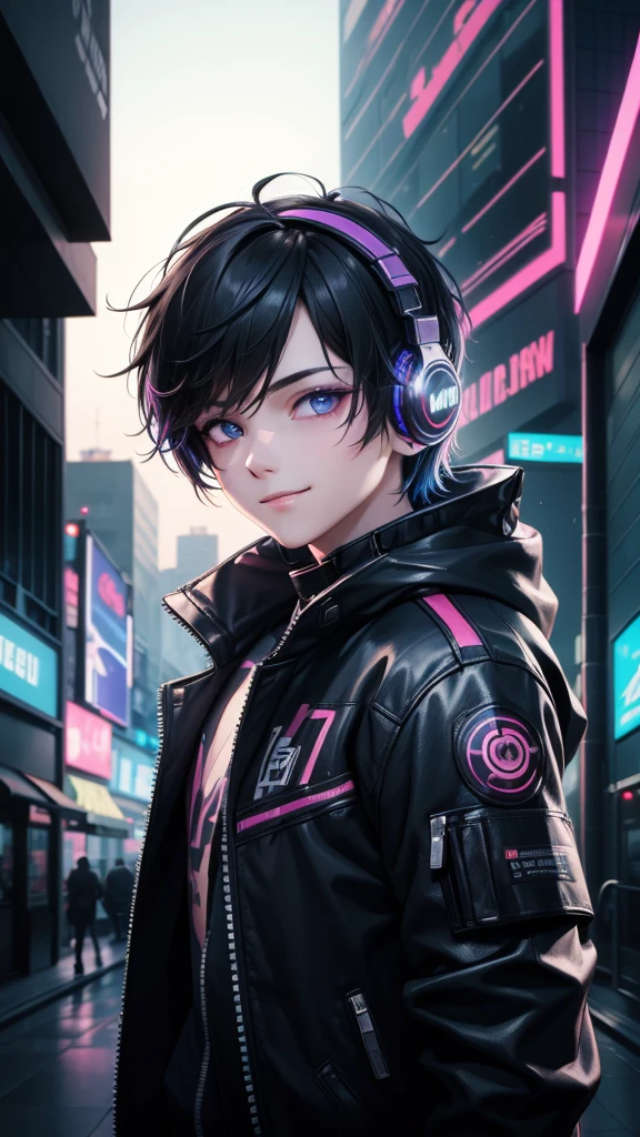 1boy, (extremely beautiful), solo, male focus, cyberpunk, neon lights, vibrant colors, headphones, Cyberpunk, neon, masterpiece, best quality, ultra-detailed, cyberpunk background, detail, in the starry night, moon, explosive and clear eyes, glowing eyes, beautiful details in the wind, little smile.
