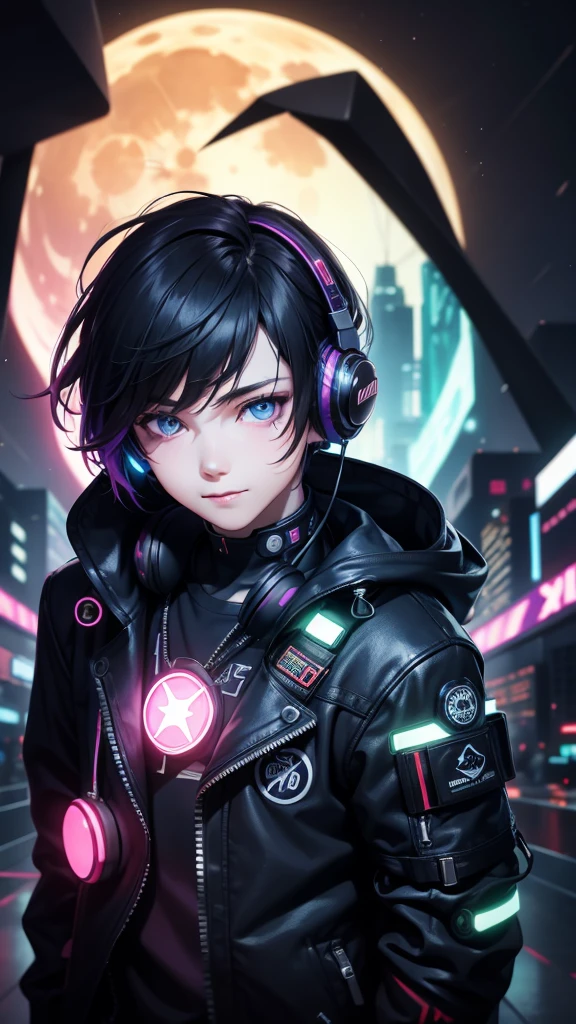 1boy, (extremely beautiful), solo, male focus, cyberpunk, neon lights, vibrant colors, headphones, Cyberpunk, neon, masterpiece, best quality, ultra-detailed, cyberpunk background, detail, in the starry night, moon, explosive and clear eyes, glowing eyes, beautiful details in the wind, little smile.