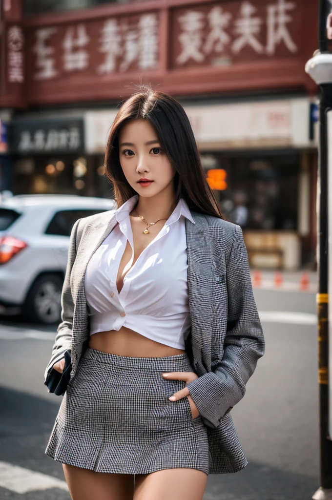 a 19 year old girl, she is the most beautiful actress in the world, the perfect body proportions of this girl, the blazer is worn on the formal shirt, her crotch area of the panties is hardly hidden by the short skirt, her bare legs, it's just front of her body in this photo, it's just no space of this photo above her head and below her shins, she is standing straight, at the street, nsfw, best quality, highly detailed, masterpiece, ultra high res, photo realistic, 8k, RAW photo