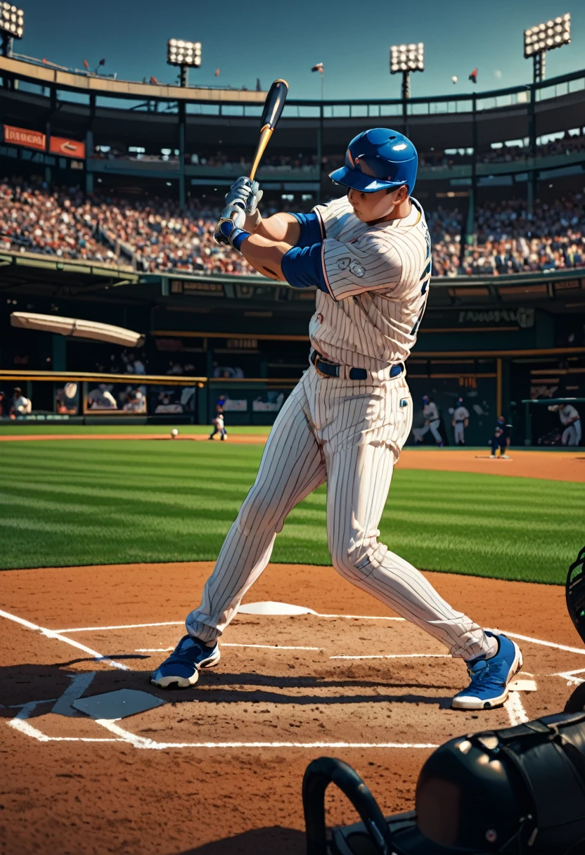 Athlete dressed, Baseball, home run, full body, cinematic still, cinemascope, best quality, masterpiece, very aesthetic, perfect composition, intricate details, ultra-detailed, vivid colors