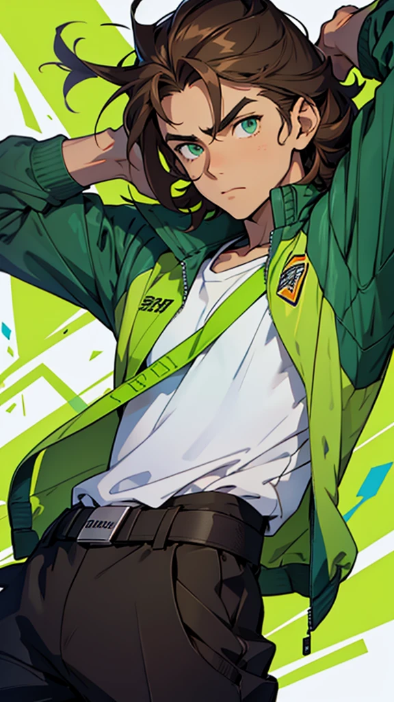 16 year old boy, 1.60 cm tall, dark green eyes, long dark brown hair, slim and muscular  ,wind breaker style and  long face 
Anime