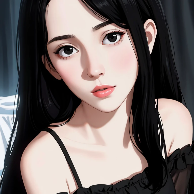 beautiful girl with realistic black eyes, pale skin, mid-length black hair, cum on perfect face, perfect eyes, wearing sheet sundress, highly detailed, comprehensive cinematic, digital painting, 8k, cinematic lighting, best quality, highres, detailed work, post-processing, perfect result, hyper realistic