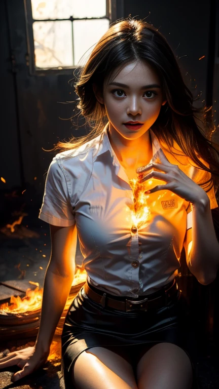 (fire element:1.1), knee shot, It consists of fire element,fire, transparency, burning, Frame print,burning hair,smoke,cloud,chopped, girl engulfed in flames, Flames fly and sparks scatter,mano burning,translucent luminescence, 18s woman in thai university uniform, long straight fire hair, white shirt, black tight mini skirt, brown belt, masterpiece:1.2, high detail, realistic, cinematic scene, fire goddess, slim and perfect figure, 16k, close up, portrait photo, dynamic powerful sexy pose