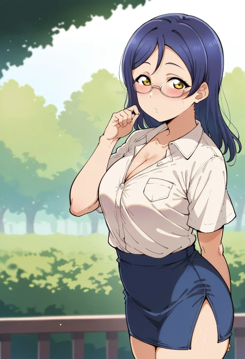 Masterpiece, best quality,alp artstyle,Solo, cowboy shot,Sonoda umi love live, white shirt, half cleavage exposed, glasses, day,golden eyes,(blushing:1.2),mini skirt, side slit 