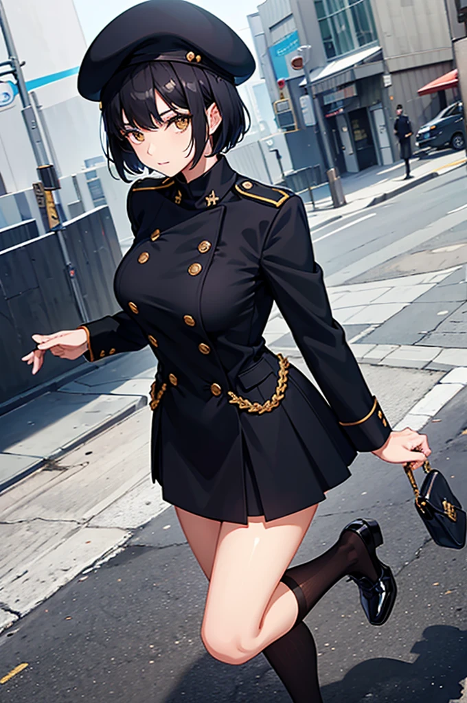 1woman, short black hair, gold eyes, navy academy uniform, beret, standing on ground, high res, ultra sharp, 8K, masterpiece