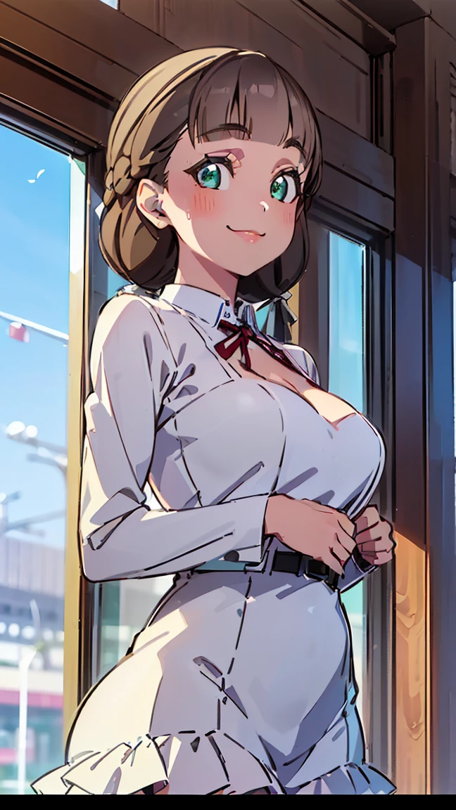 ((Pure white dress: 1.5)), ((Luxurious dress: 1.5)), ((Cute frilly dress: 1.5)), High Quality, (8K, Raw, Best Quality, Real: 1.5)), Ultra High Quality, High Quality, Best Quality, Perfect face, Perfect limbs, Perfect fingers, High resolution, (((Blue sky: 1.5))), (((Jumbo jet seen through large glass window: 1.5))), Girl with deserted Haneda airport background, reinforced concrete building background, (Beautiful anime face, Cute face, Detailed face), -- (light brown hair, Bangs), ((Slim figure 1.2)), (((medium chest 1.3))), -- Adorable smile, (((Smile: 1.5))), (((Smile: 1.5))), Open lips, , Standing, Turning around, Back view, Miniature human hand, ((Details of Haneda airport background: 1.5)),Cartoon-like,Perfect anatomy,Perfect proportions,Evening,Nice lighting,Bright colors,Clean lines,Information,Blurred,Stunning facial expressions,Restless emotions,Gorgeous,Cute,Detailed beautiful face and eyes,(Masterpiece)Beautiful face,Young handsome girl,Realistic and perfect skin,Bokeh,Stunning facial expressions,Restless emotions,Gorgeous,Cute,Detailed beautiful face and eyes,(Audrey Hepburn),(),Blake,Slim skin with cleavage,(Cute nice type), (J-pop idol), (thighs, (depth of field), (depth of field), soft light, glittering lens gaze, (droopy eyes), straight teeth, shy smile, floating hair, Blake's movie scene, full color of the movie, 4K, 8K, 16K lace, raw photo, must-see movie, professional color grade, professional photographer, high school girl, , soft and clean focus, realistic lighting and shading, (very delicate (beautiful artistic), graceful eyes), (thin), (abdomen 0. 95), (slim), (beautiful girl), (waist detail 1.15), (beautiful girl), (detail), open lips, face with full make-up with red lips, (glowing skin), (perfect female body),