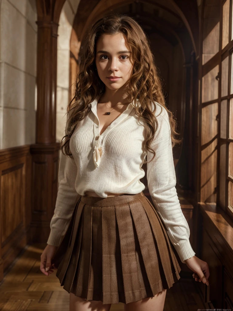 8k, RAW photo, best quality, ultra high resolution, (photorealistic), realistic photo of hermione granger, (hermione grenger), (hermione grenger, slim face, thick ties, brown, curly hair), in the hogwarts, bright light, (full body picture), (photo from the side), standing posing for picture, (sexy pose), (wearing hermione grenger costume, (white shirt, brown sweater, pleated skirt)), ((looking at viewer)), shy smile, romantic, (extremely detailed CG unity 8k wallpaper), Sharp focus, (bright light)